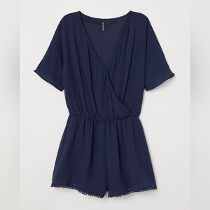 Divided by H&M Navy Blue Short Sleeve Fringe Hem Romper, Size 12